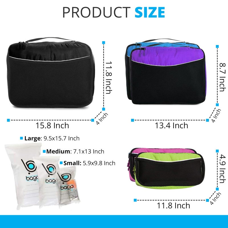 bago 8 Pcs Packing Cubes for Travel - 5 Travel Packing Cubes for Suitcases with 3 ZipLock Bags, Luggage Organizer Bags to Get Maximum Storage, Save Time & Effort to Pack (Black Blue Purple Green Pink) - Image 2